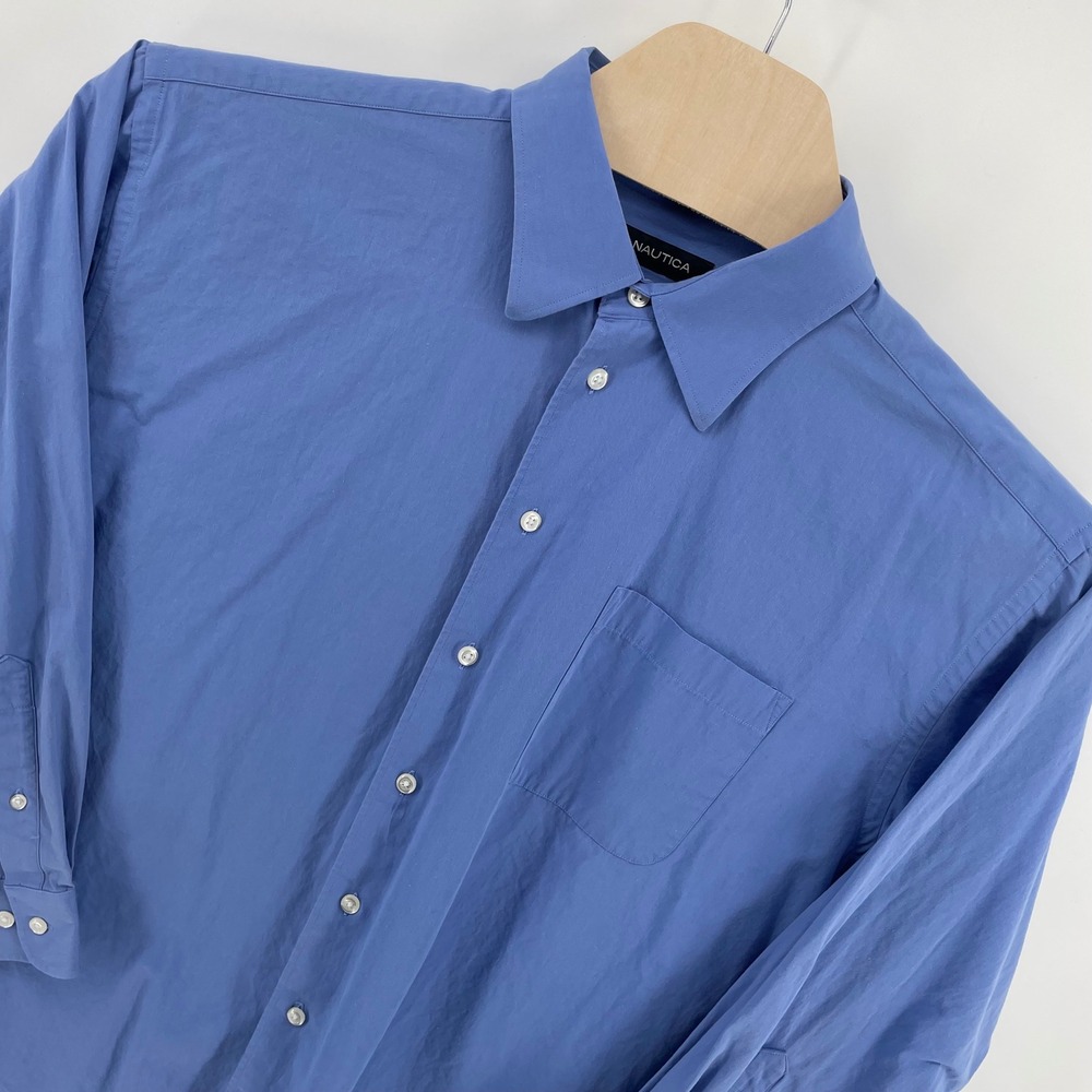 Nautica Mens Blue Cotton Button Down Dress Shirt Size 17 32/33 Long Sleeve